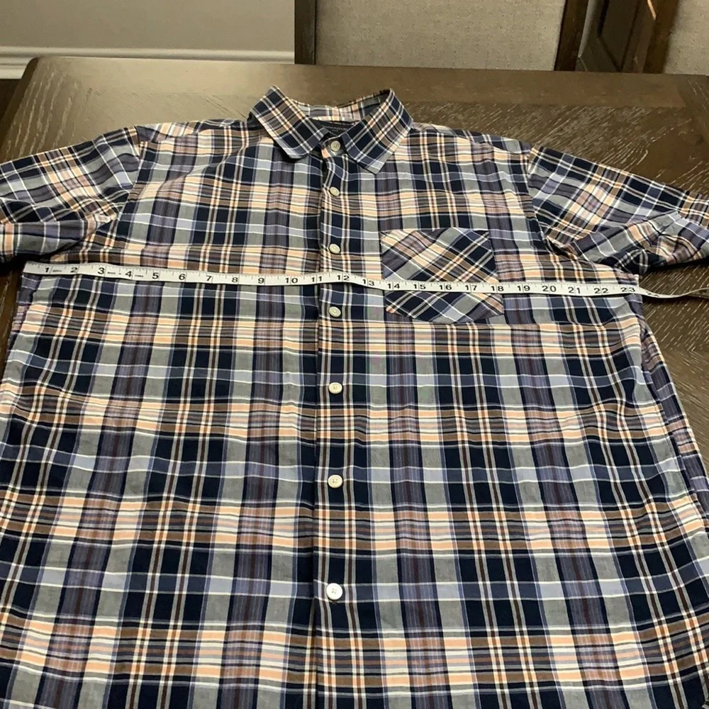 Banana Republic blue & orange plaid short sleeve button down shirt
